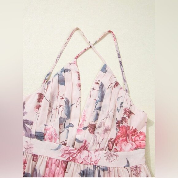 Floral Deep V-Neck Sleeveless High Waist Pleated Backless Spaghetti Strap Dress - Picture 6 of 8